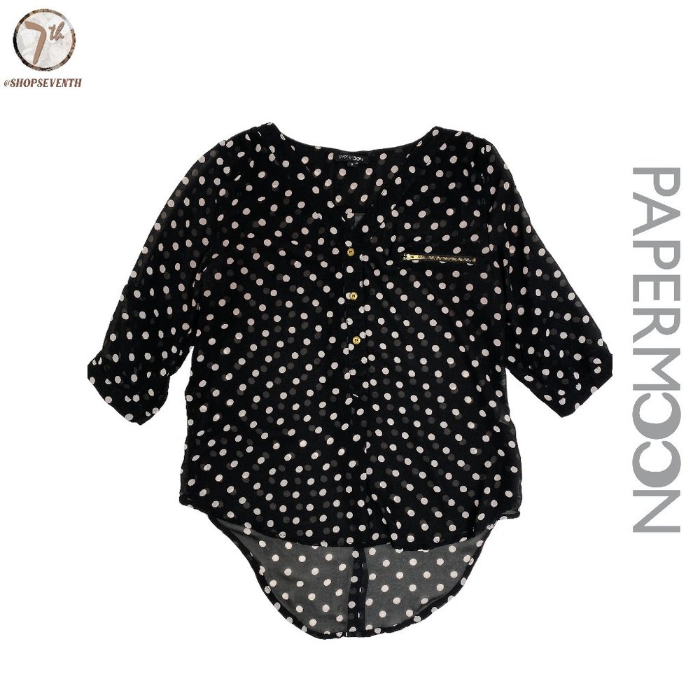 (40% OFF) Papermoon Black & White Polka Dot Blouse Chic Flowy V-Neck Top